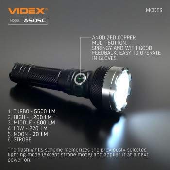 Lukturis LED uzlādējams 4xLuminus SST40, 20W 5500Lm 5000K, Li-ion 21700 4000mAh - iekļauts! (maināms uz 18650), VIDEX VLF-A505C, profesionāls LED lukturis lietošanai ikdienā un ārkārtas situācijās! 