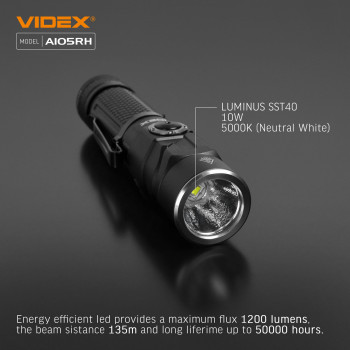 Lukturis LED uzlādējams Luminus SST40, 10W 1200Lm 5000K, Li-ion 18650 2200mAh - iekļauts! VIDEX VLF-A105RH, ar magnētu un regulējamu luktura galvu (SWIVEL HEAD) + komplektā stiprinājums lietošanai kā galvas lukturim!