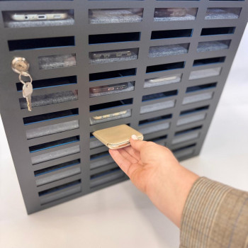 Mobile phone storage cabinet with 36 places, metal, with felt, gray