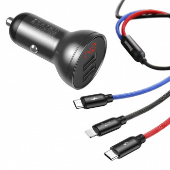 Baseus 12V auto lādētājs ar displeju, ar 2xUSB-A portiem (4,8A) 24W, ar uzlādes kabeli 3in1 (microUSB/Type-C/Lightning) 1,2m, melns