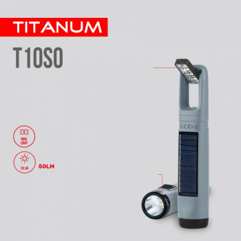 Lukturis LED uzlādējams ar saules bateriju un regulējamu gaismu 50+50Lm 5500K, Li-ion 18650 800mAh (iebūvēts), TITANUM TLF-T10SO