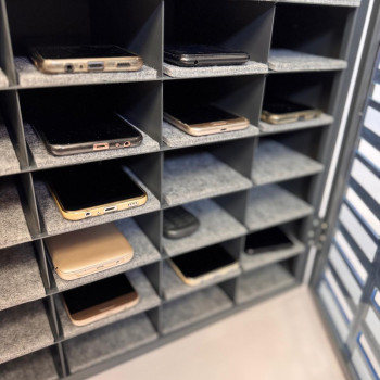 Mobile phone storage cabinet with 36 places, metal, with felt, gray