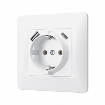 Kontaktligzda z/a 1V + ligzdas (USB-A + USB-C), Videx Binera, balta, IP20 VF-BNSK1GUC-W