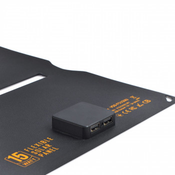 Solārais panelis pārnēsājams 15W, panelis Mono+ETFE (2 USB izejas), izmērs 252x165x28mm (atvērtā veidā 252x495x19mm), IP68, svars 450g, VIDEX VSO-F515UU