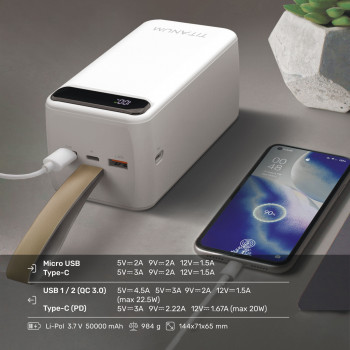Power Bank - pārnēsājams akumulators 50 000mAh TITANUM TPB-741S-W 22.5W White, pieejamie porti: Micro USB, Type-C, 2USB