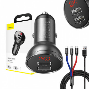 Baseus 12V auto lādētājs ar displeju, ar 2xUSB-A portiem (4,8A) 24W, ar uzlādes kabeli 3in1 (microUSB/Type-C/Lightning) 1,2m, melns
