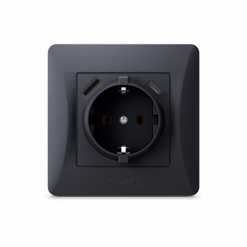Kontaktligzda z/a 1V + ligzdas (USB-A + USB-C), Videx Binera, melna grafīta, IP20 VF-BNSK1GUC-BG