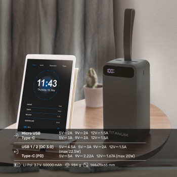 Power Bank - pārnēsājams akumulators 50 000mAh TITANUM TPB-741S-B 22.5W Black, pieejamie porti: Micro USB, Type-C, 2USB