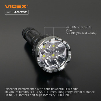 Lukturis LED uzlādējams 4xLuminus SST40, 20W 5500Lm 5000K, Li-ion 21700 4000mAh - iekļauts! (maināms uz 18650), VIDEX VLF-A505C, profesionāls LED lukturis lietošanai ikdienā un ārkārtas situācijās! 