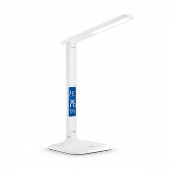Galda lampa LED ar pulksteni, termometru, kalendāru, modinātāju - dimmējama 7W, 490Lm 3000/4000/5500K, VIDEX VLE-TF05W RIO-WHITE (silti/neitrāli/auksti balta gaisma) balta