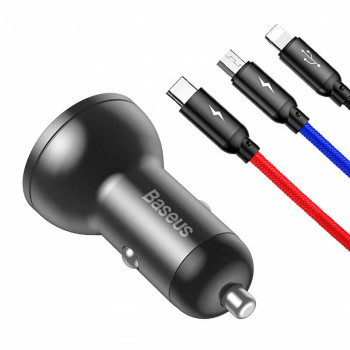 Baseus 12V auto lādētājs ar displeju, ar 2xUSB-A portiem (4,8A) 24W, ar uzlādes kabeli 3in1 (microUSB/Type-C/Lightning) 1,2m, melns