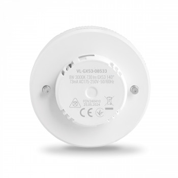 Spuldze LED GX53 patrona, 8W, 730Lm 3000K, stars<140* VIDEX VLE-GX53-08533 (silti balta gaisma)