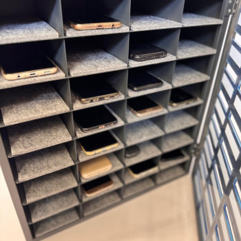 Mobile phone storage cabinet with 36 places, metal, with felt, gray