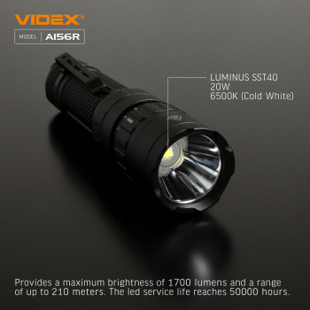 Lukturis LED uzlādējams Luminus SST40, 20W 1700Lm 6500K, Li-ion 21700 4000mAh - iekļauts! (maināms uz 18650), VIDEX VLF-A156R, ar manuāli regulējamu gaismas slēdzi!
