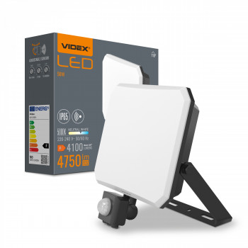 Prožektors ar sensoru LED 50W, 4100Lm 5000K, VLE-F3-0505B-S (sensors 2-12m, 10sec-7min, 10-2000lx, <120*), VIDEX F3-PIR (neitrāli balta gaisma)