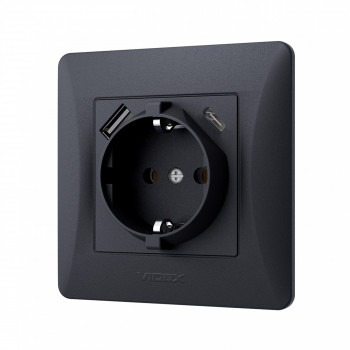 Kontaktligzda z/a 1V + ligzdas (USB-A + USB-C), Videx Binera, melna grafīta, IP20 VF-BNSK1GUC-BG