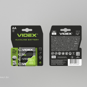 Baterijas AA VIDEX (4 gab.) Alkaline, 1.5V, 2600mAh
