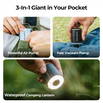 Pārnēsājams, uzlādējams mini pumpis Flextail Tiny Pump 2X-B (3-in-1) funkcijas: 1-Gaisa pumpis, 2-Vakuma sūknis, 3-LED lukturis, melns