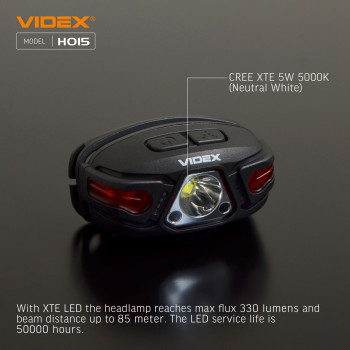 Galvas lukturis ar sensoru LED uzlādējams CREE XTE 5W, 330Lm 5000K, Li-ion 850mAh, VIDEX VLF-H015, vadāms ar roku žestu!