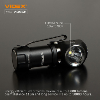 Lukturis LED uzlādējams Luminus SST20 10W, 600Lm 5700K, Li-ion 16340 800mAh - iekļauts! (maināms uz CR123A), VIDEX VLF-A055H, ar magnētu + komplektā stiprinājums lietošanai kā galvas lukturim!