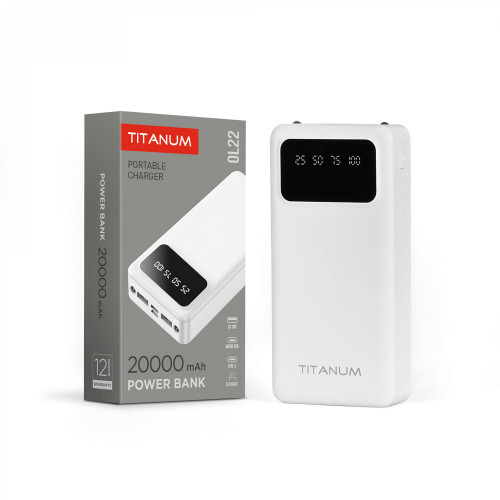 Power Bank - pārnēsājams akumulators 20 000mAh TITANUM TPB-OL22-W White, pieejamie porti: Micro USB, Type-C, 2USB