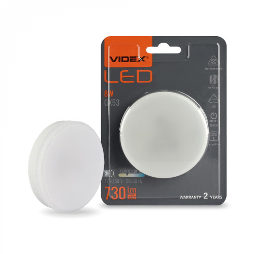 Spuldze LED GX53 patrona, 8W, 730Lm 3000K, stars<140* VIDEX VLE-GX53-08533 (silti balta gaisma)