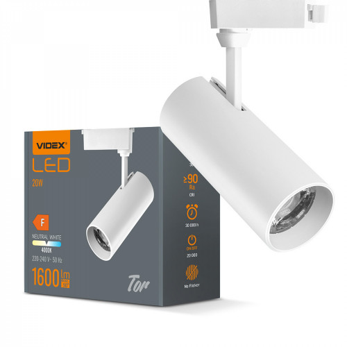 Sliedes gaismeklis Spot LED 20W, 1600Lm 4000K, VIDEX VLE-TR04-204W TOR-WHITE, balts (neitrāli balta gaisma)