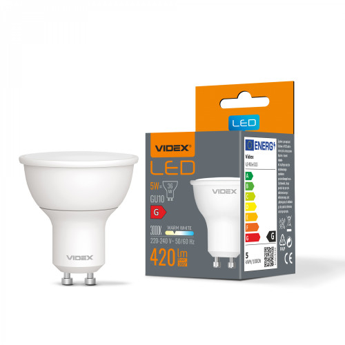 Spuldze LED GU10 5W, 420Lm 3000K, stars<120* VIDEX VLE-MR16e-05103 (silti balta gaisma)