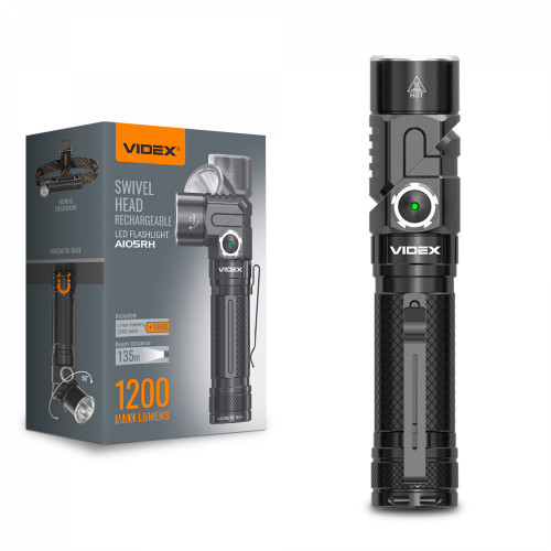 Lukturis LED uzlādējams Luminus SST40, 10W 1200Lm 5000K, Li-ion 18650 2200mAh - iekļauts! VIDEX VLF-A105RH, ar magnētu un regulējamu luktura galvu (SWIVEL HEAD) + komplektā stiprinājums lietošanai kā galvas lukturim!