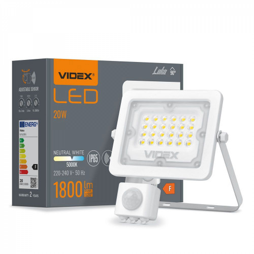 Prožektors ar sensoru LED 20W, 1800Lm 5000K, VLE-F2e-205W-S (sensors 2-12m, 10sec-7min, 10-2000lx, <120*), VIDEX LUCA-PIR (neitrāli balta gaisma)