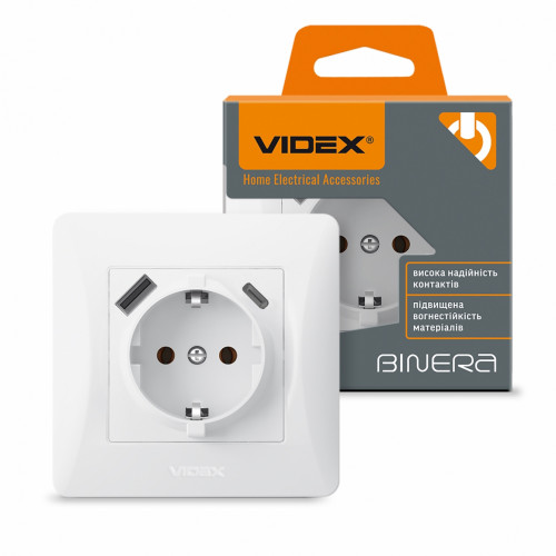 Kontaktligzda z/a 1V + ligzdas (USB-A + USB-C), Videx Binera, balta, IP20 VF-BNSK1GUC-W