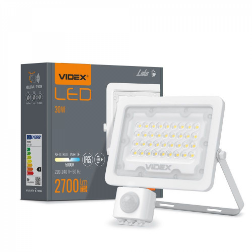 Prožektors ar sensoru LED 30W, 2700Lm 5000K, VLE-F2e-305W-S (sensors 2-12m, 10sec-7min, 10-2000lx, <120*), VIDEX LUCA-PIR (neitrāli balta gaisma)