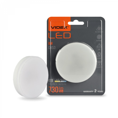 Spuldze LED GX53 patrona, 8W, 730Lm 4000K, stars<140* VIDEX VLE-GX53-08534 (neitrāli balta gaisma)