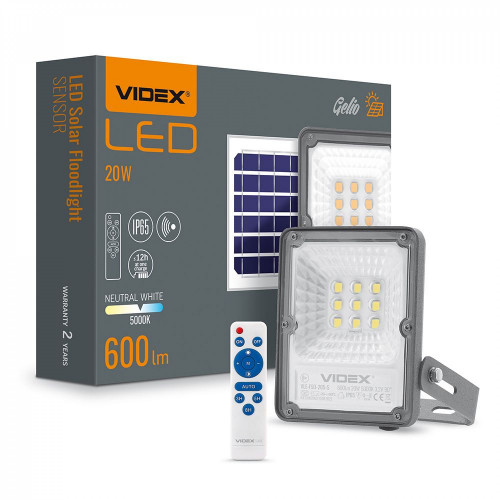 Solārais prožektors ar sensoru LED 20W, 600Lm 5000K (baterija LiFePO4 5000 mAh 3.2V) (panelis 10W) VIDEX VLE-FSO-205-S