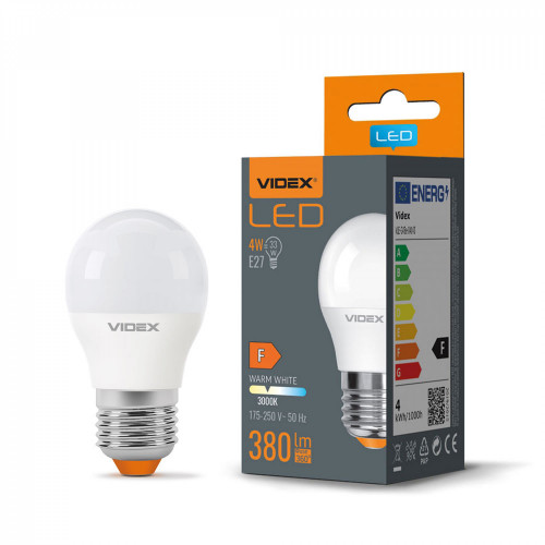 Spuldze LED E27 4W, 380Lm 3000K, stars<240* (G45-mazā spuldze) VIDEX VLE-G45e-04273 (silti balta gaisma)
