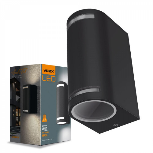 Fasādes gaismeklis 2xGU10 abpusējs, IP54 VIDEX VL-AR022B JUSTIN-BLACK, melns