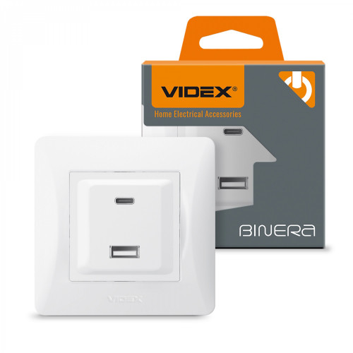Kontaktligzdas z/a ātrās uzlādes 20W (USB-A + USB-C), Videx Binera, balta, IP20 VF-BNCHRUC20-W