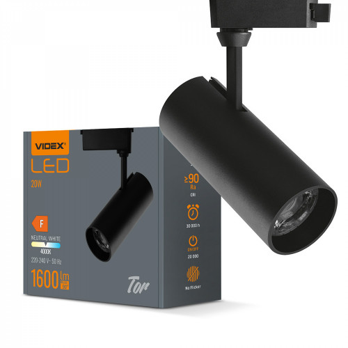 Sliedes gaismeklis Spot LED 20W, 1600Lm 4000K, VIDEX VLE-TR04-204B TOR-BLACK, melns (neitrāli balta gaisma)