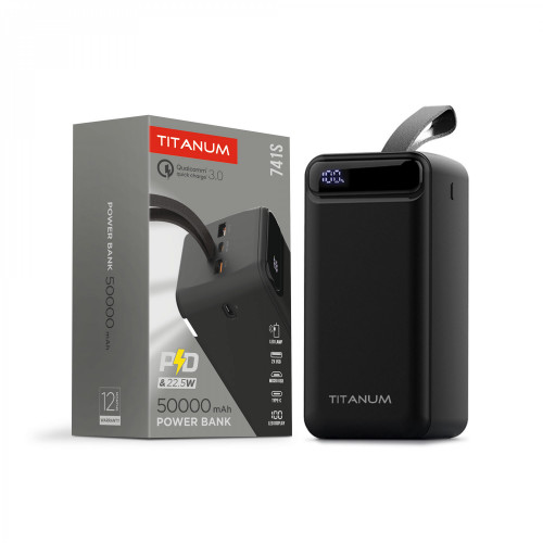 Power Bank - pārnēsājams akumulators 50 000mAh TITANUM TPB-741S-B 22.5W Black, pieejamie porti: Micro USB, Type-C, 2USB