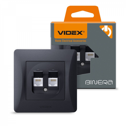 Kontaktligzda z/a Cat6+Cat6 (RJ45 spraudnis), Videx Binera, melna grafīta, IP20 VF-BNSK2PC6-BG