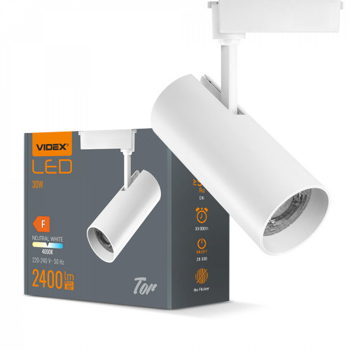 Sliedes gaismeklis Spot LED 30W, 2400Lm 4000K, VIDEX VLE-TR04-304W TOR-WHITE, balts (neitrāli balta gaisma)