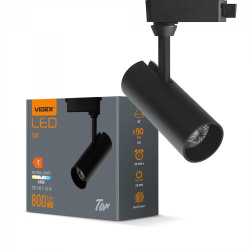 Sliedes gaismeklis Spot LED 10W, 800Lm 4000K, VIDEX VLE-TR04-104B TOR-BLACK, melns (neitrāli balta gaisma)