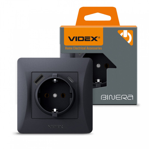Kontaktligzda z/a 1V + ligzdas (USB-A + USB-C), Videx Binera, melna grafīta, IP20 VF-BNSK1GUC-BG