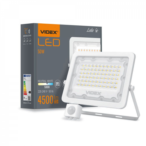 Prožektors ar sensoru LED 50W, 4500Lm 5000K, VLE-F2e-505W-S (sensors 2-12m, 10sec-7min, 10-2000lx, <120*), VIDEX LUCA-PIR (neitrāli balta gaisma)