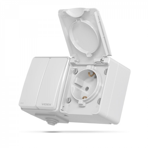 Slēdzis ārtelpu v/a 2P + Kontaktligzda ārtelpu v/a 1V, Videx Binera, pelēka, IP65 VF-BNW32-G