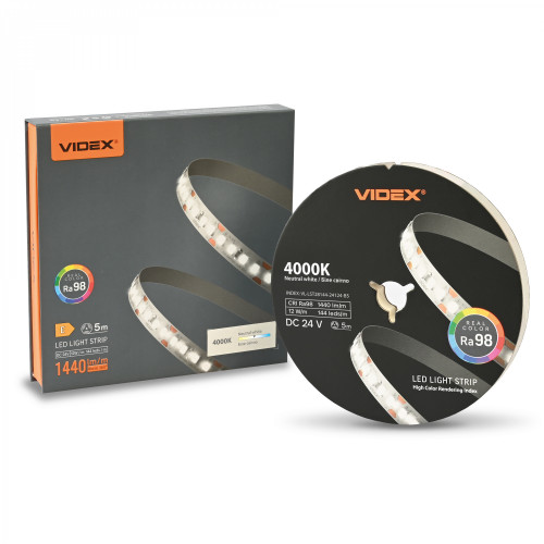 LED Strip 5m roll for lighting DC 24V 60W (12W/m), 1440Lm/m, 4000K (neutral white light) Ra98, IP20 VIDEX VL-LST28144-24124-B5 – Cuttable and connectable to the required size