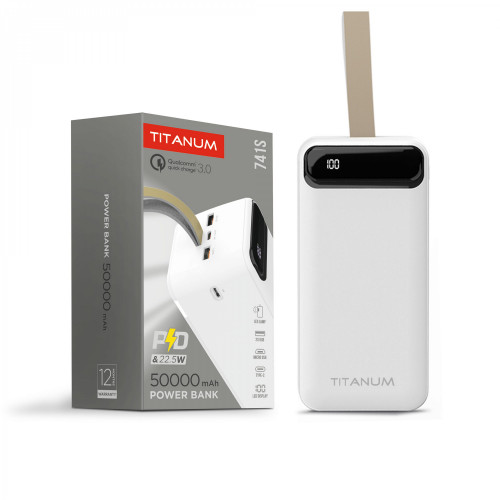 Power Bank - pārnēsājams akumulators 50 000mAh TITANUM TPB-741S-W 22.5W White, pieejamie porti: Micro USB, Type-C, 2USB