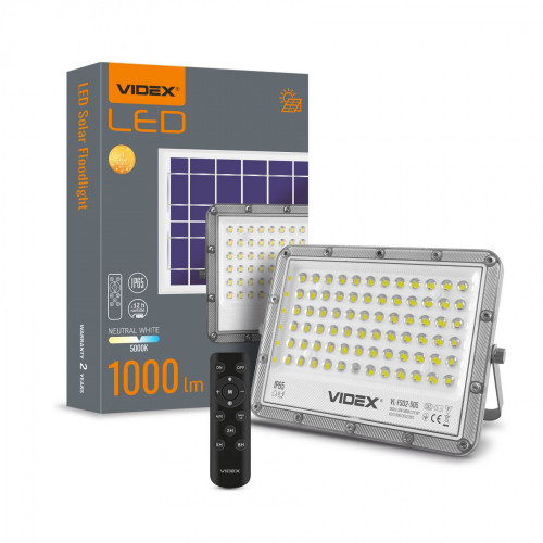 Solārais prožektors LED 50W, 1000Lm 5000K (baterija LiFePO4 10000 mAh 3.2V) (panelis 10W) VIDEX VL-FSO2-505