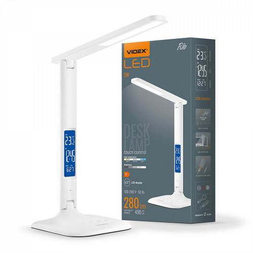 Galda lampa LED ar pulksteni, termometru, kalendāru, modinātāju - dimmējama 7W, 490Lm 3000/4000/5500K, VIDEX VLE-TF05W RIO-WHITE (silti/neitrāli/auksti balta gaisma) balta