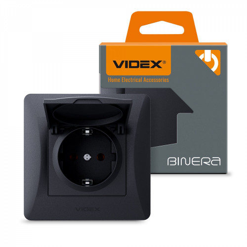 Kontaktligzda z/a 1V ar vāku, Videx Binera, melna grafīta, IP20 VF-BNSK1GC-BG
